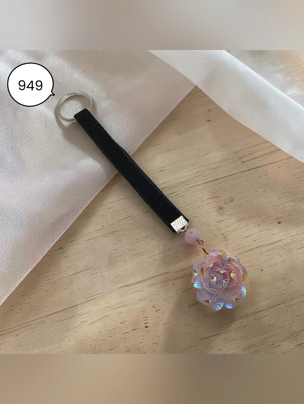 Iridescent Pink Rose Key & Card Holder with Black Velvet Strap - Picture 2 of 5